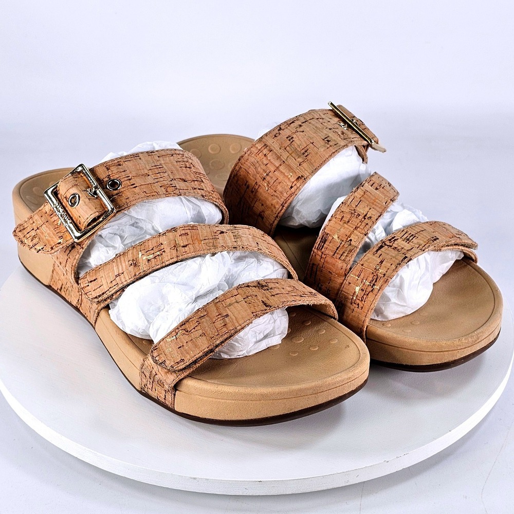 Vionic Skylar Womens Cork Gold Strappy Platform Wedge Slide Sandals Tan Size 9